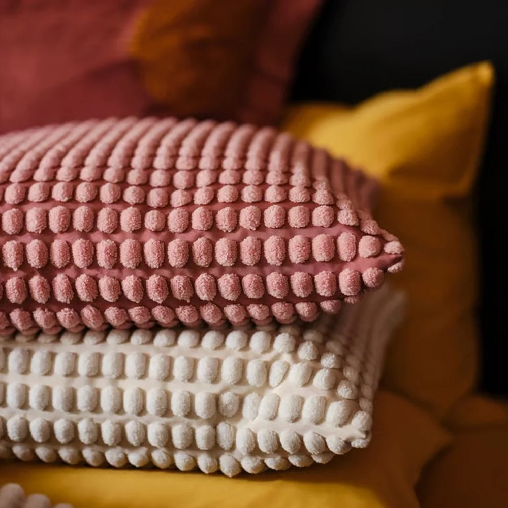 Textured Pom-Pom Throw Cushion Cover - Dusty Pink